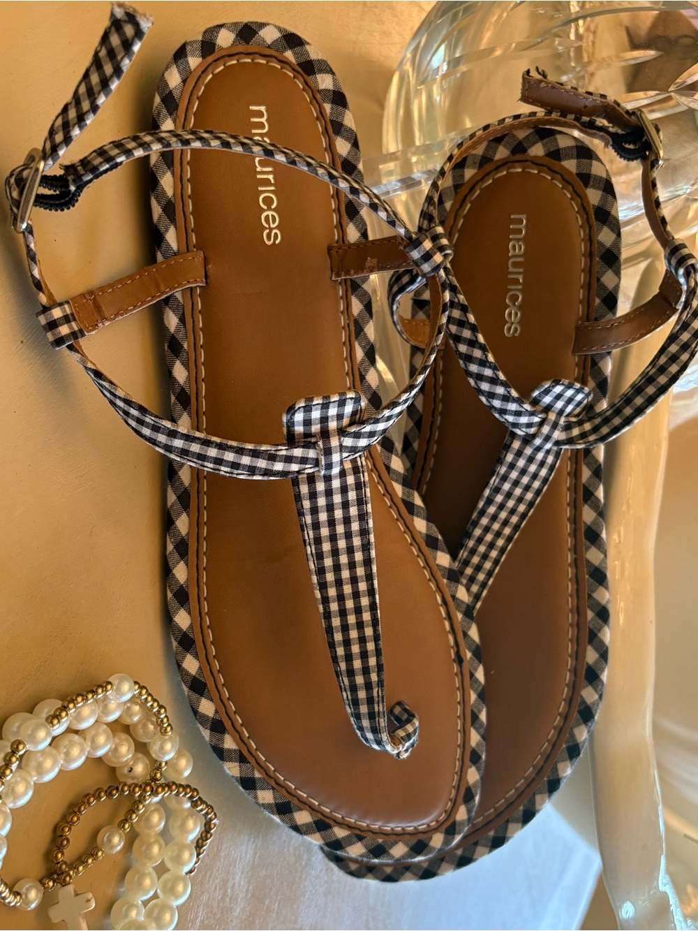 Maurices Black and White Gingham T-Strap Sandals - Picture 5 of 5